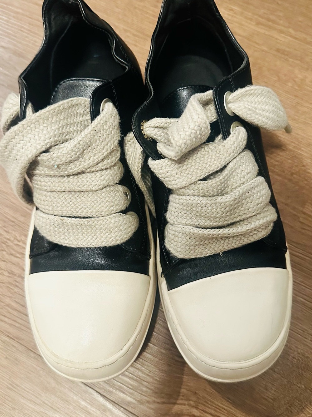 Women’s Black Leather Sneakers with Cream Woven Laces